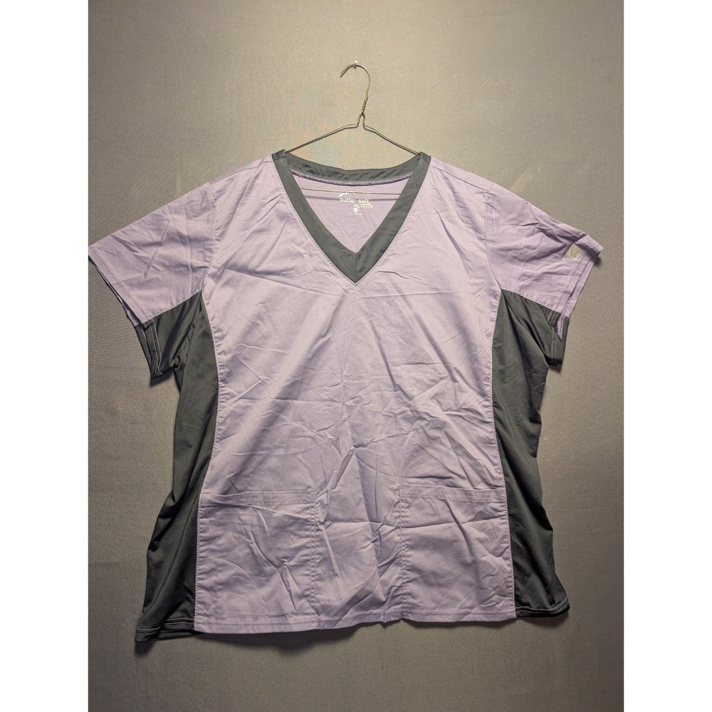 Butter-Soft Scrub Top Womens XL Purple Black Stretch Pockets Medical Nursing